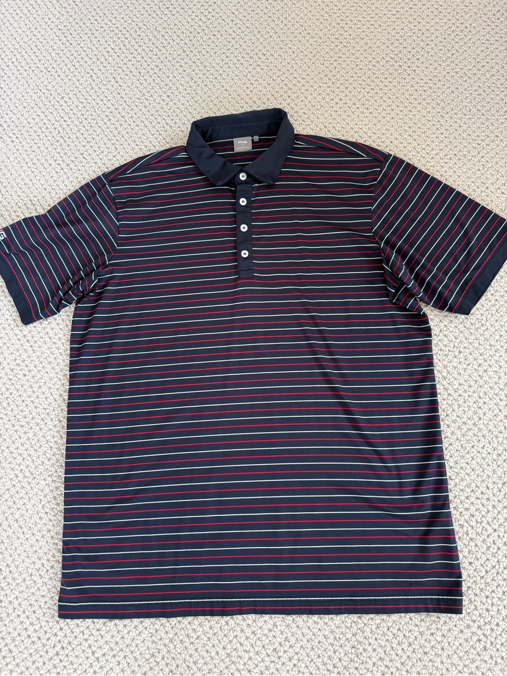 Mens Ping Navy Polo with Red & White Stripes size XL